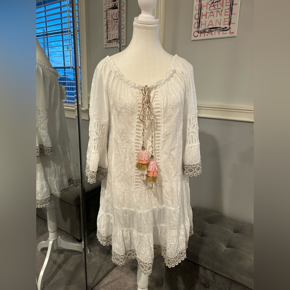 Dotti White Lace Beach Boho Dress with Tassels NWT Size Small